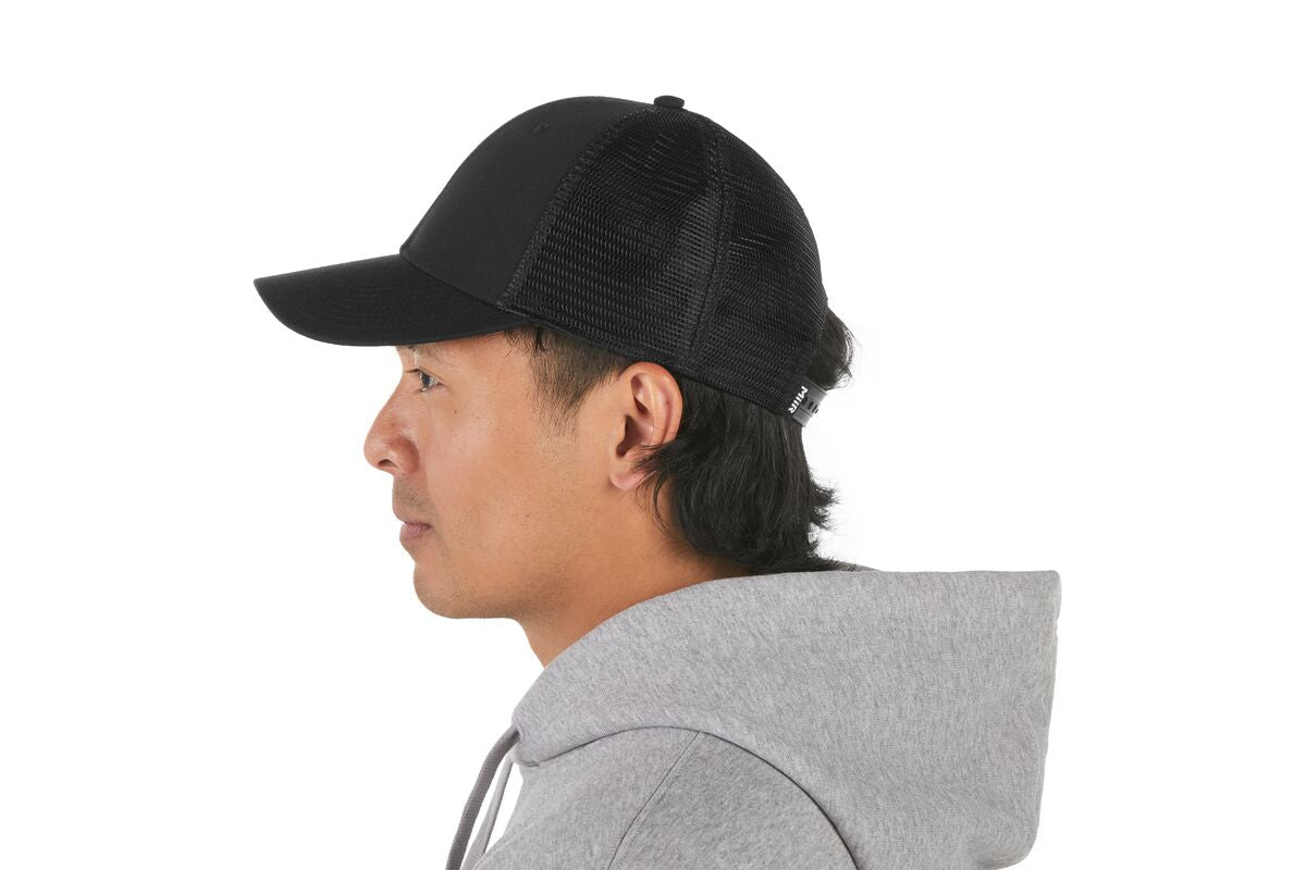 recycled-poly-low-profile-trucker-hat-l1 WebPDP-HAT002002_Recycled_Poly_Low_Profile_Trucker_Hat_Black_Studio_Harper_Studios_0723_Back__HAT002002OS.jpg